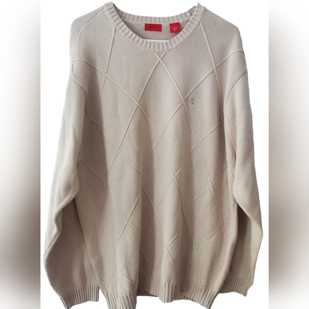 Izod Mens Argyle Sweater Size XL Beige Ivory Long Sleeve Crew Neck Logo Pullover
